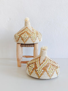 Großer Korb mit Deckel, Tajine Aufbewahrungskorb aus Marokko weiss creme und gold, Moroccan Tajine Basket - CocosyBerlin