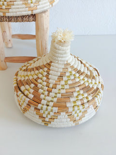Großer Korb mit Deckel, Tajine Aufbewahrungskorb aus Marokko weiss creme und gold, Moroccan Tajine Basket - CocosyBerlin