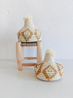 Korb mit Deckel, Tajine Aufbewahrungskorb aus Marokko weiss creme und gold, Moroccan Tajine Basket - CocosyBerlin