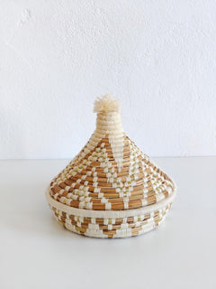 Großer Korb mit Deckel, Tajine Aufbewahrungskorb aus Marokko weiss creme und gold, Moroccan Tajine Basket - CocosyBerlin