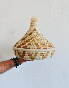 Großer Korb mit Deckel, Tajine Aufbewahrungskorb aus Marokko weiss creme und gold, Moroccan Tajine Basket - CocosyBerlin