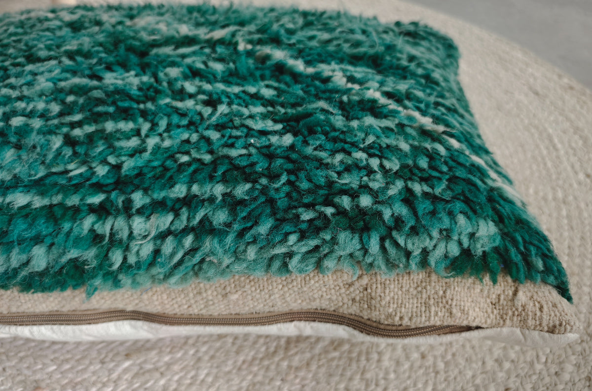 Beni Ourain Pouf aus Marokko, Bodenkissen Beige / Grün, 100% Handarbeit, Uniquat