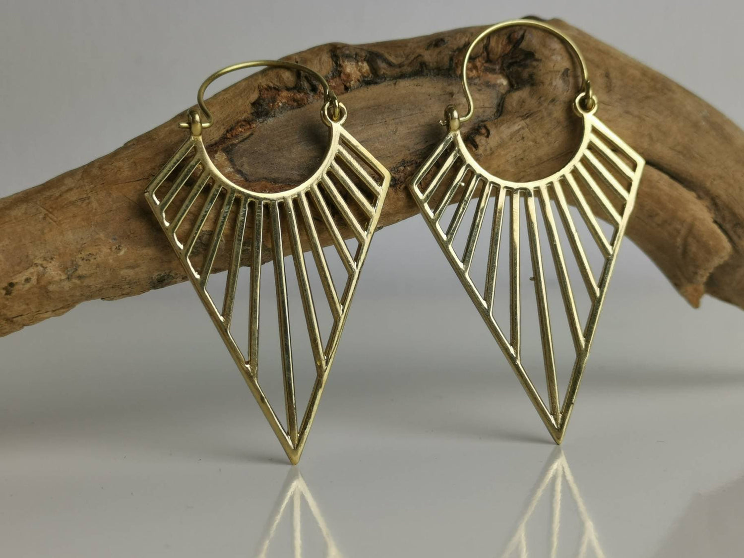 Geometric Brass Earrings, Triangle Earrings, Boho Hippie Jewelry, Gold, Triangle, Tunnel Dangle Earrings, Tribal Hanging Earrings