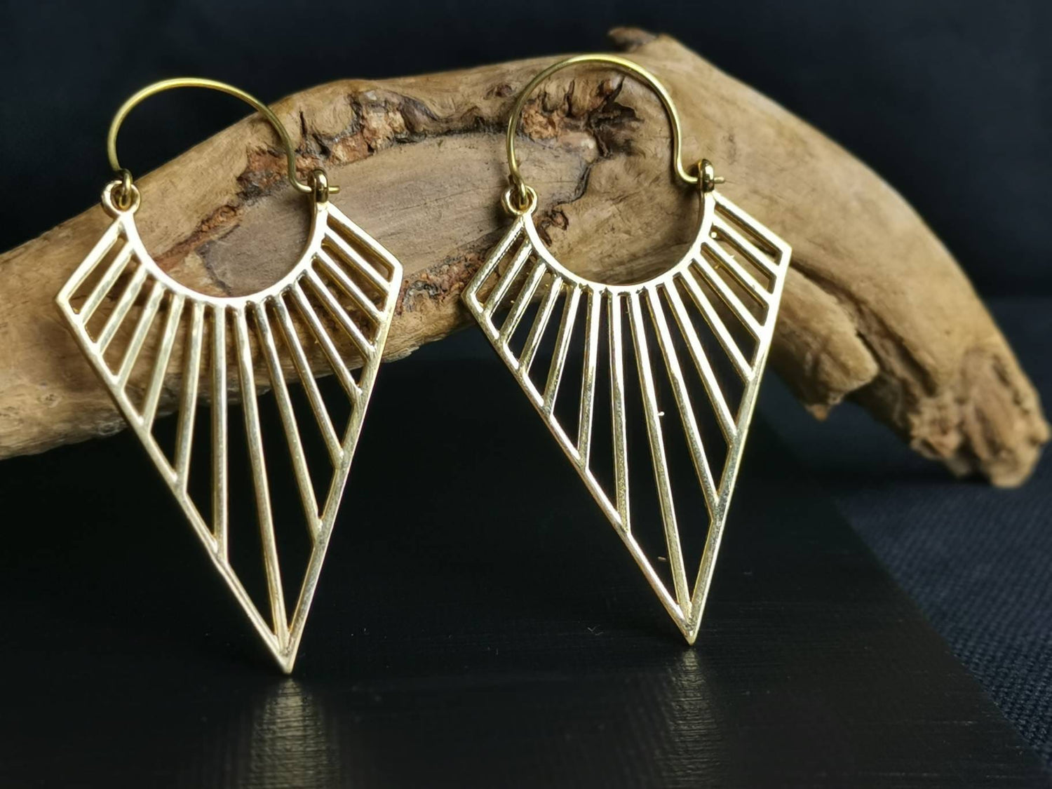 Geometric Brass Earrings, Triangle Earrings, Boho Hippie Jewelry, Gold, Triangle, Tunnel Dangle Earrings, Tribal Hanging Earrings