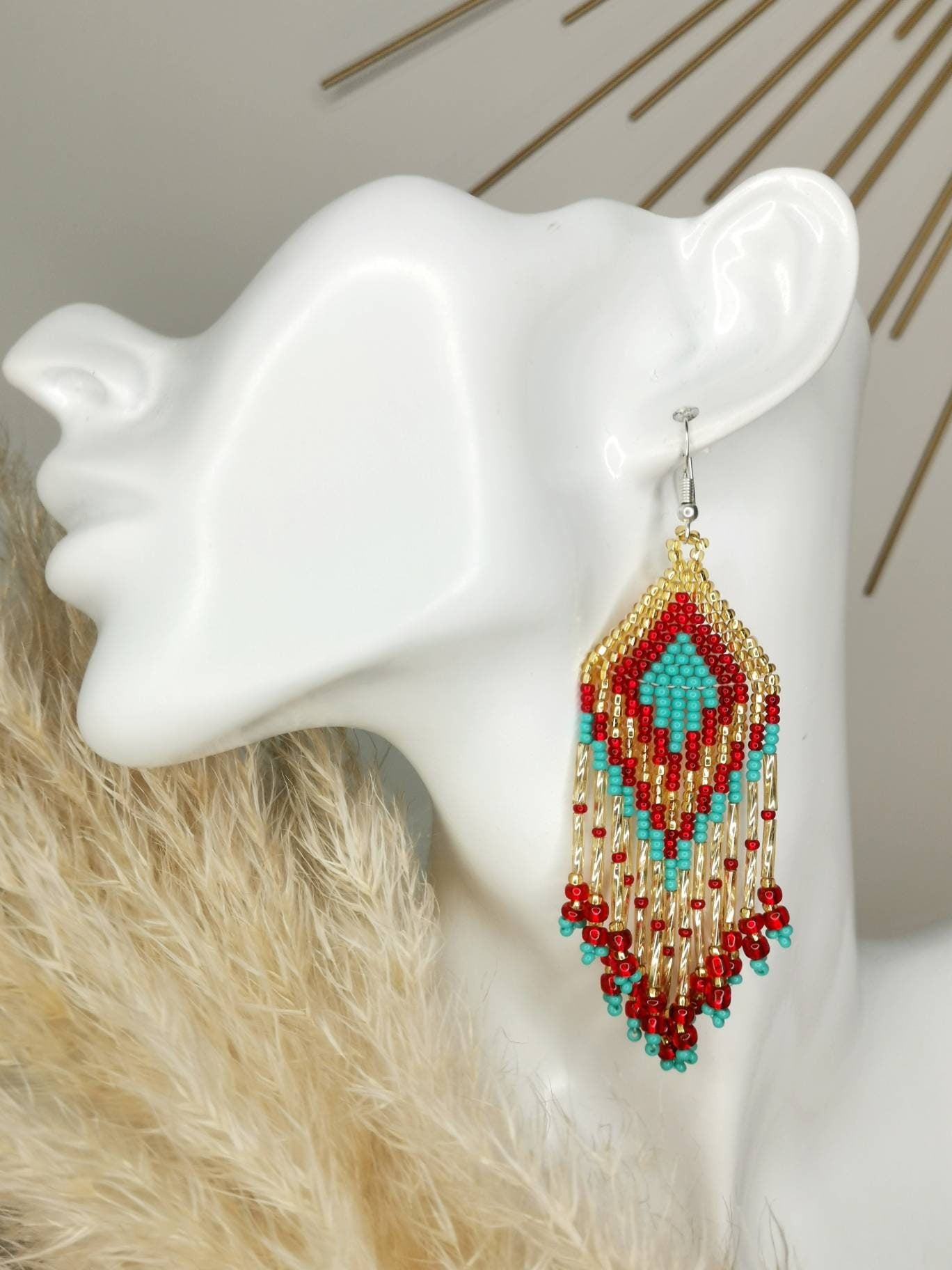 Mexican bead earrings, fringed earrings, colorful earrings made of glass beads Mexico, handmade, native style Huichol, boho ethnic earrings