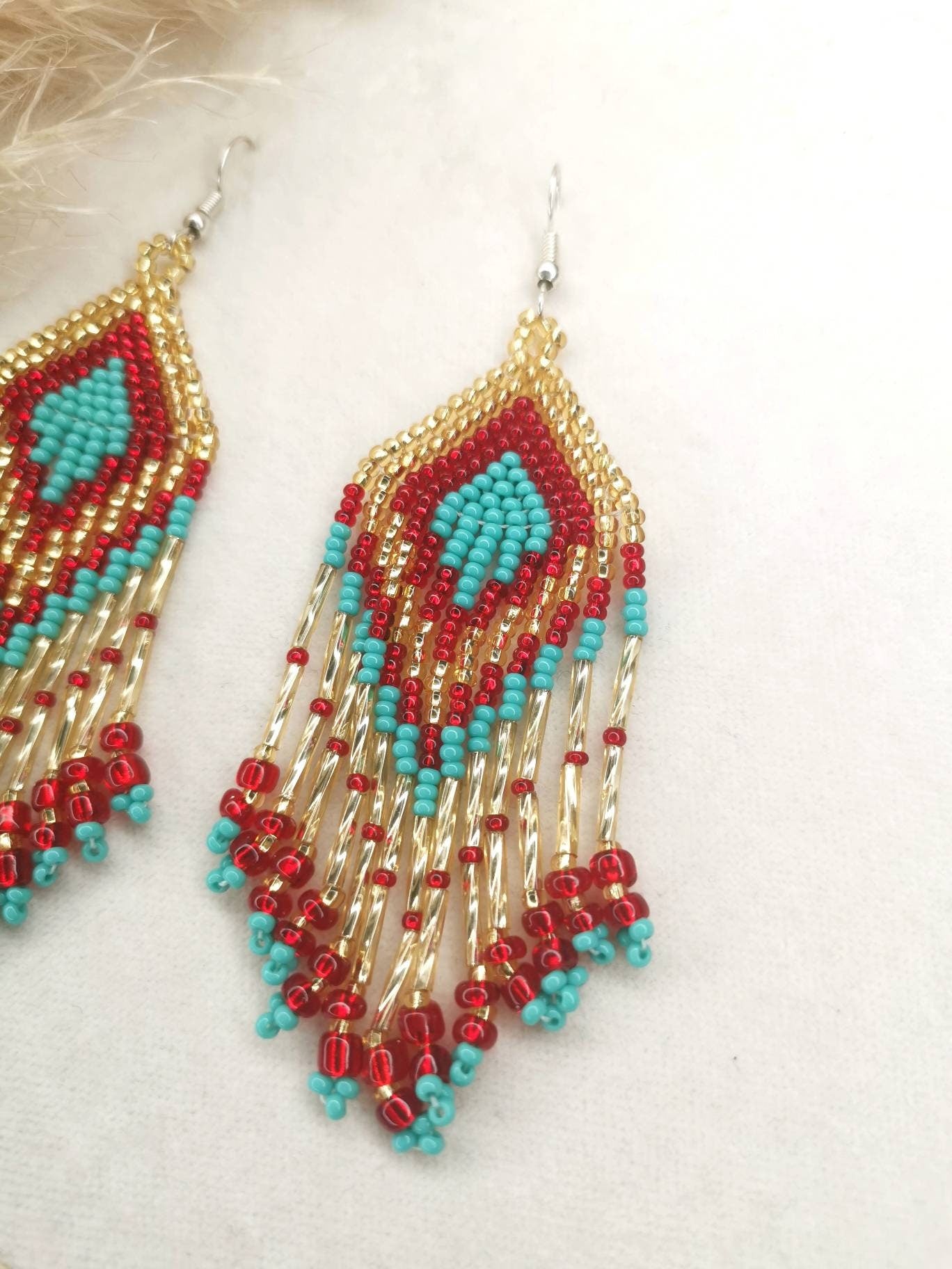 Mexican bead earrings, fringed earrings, colorful earrings made of glass beads Mexico, handmade, native style Huichol, boho ethnic earrings