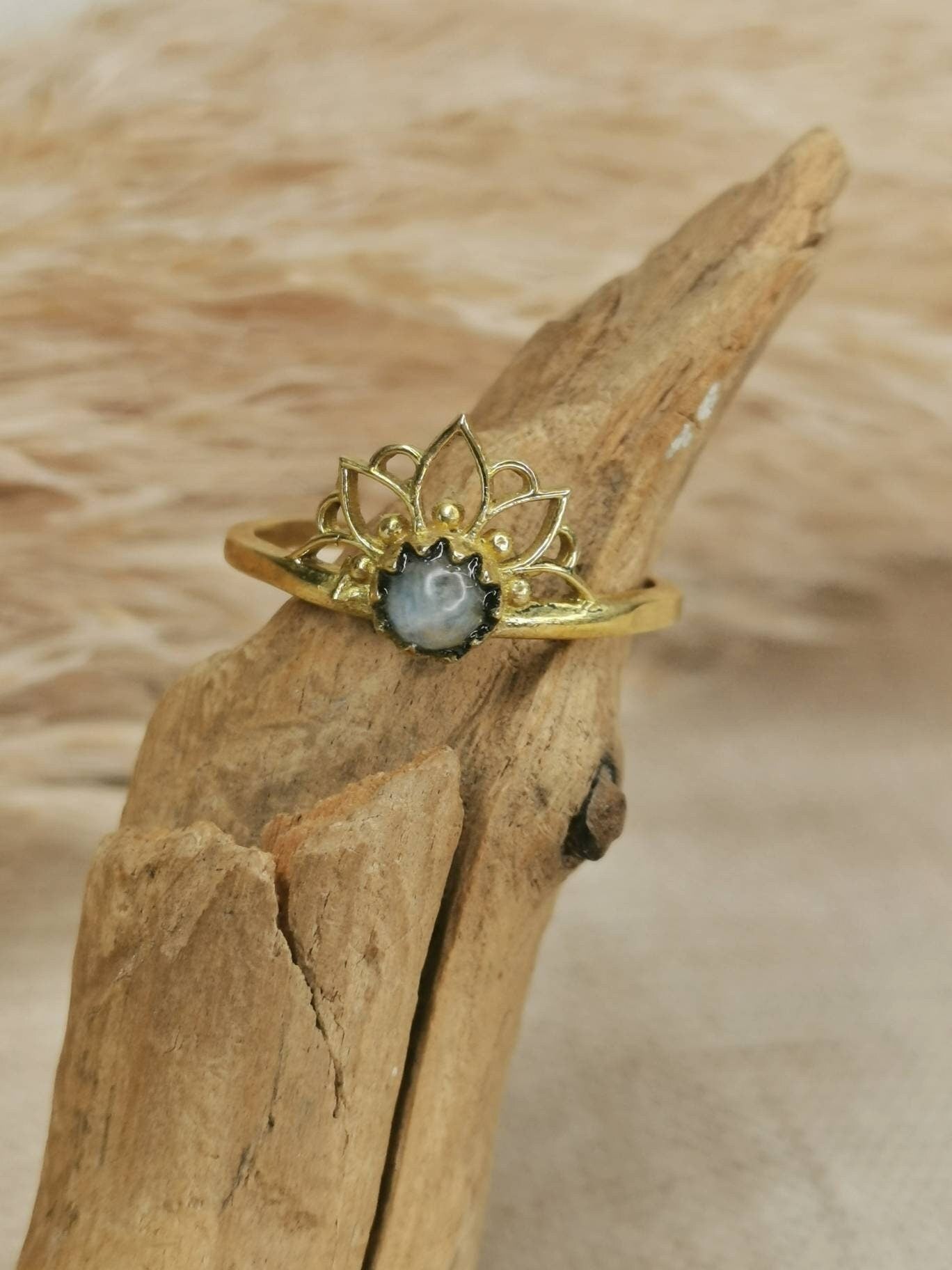 Tiara crown brass ring with moonstone, stacking ring, boho ring, hippie ring, festival jewelry, golden ring with moonstone