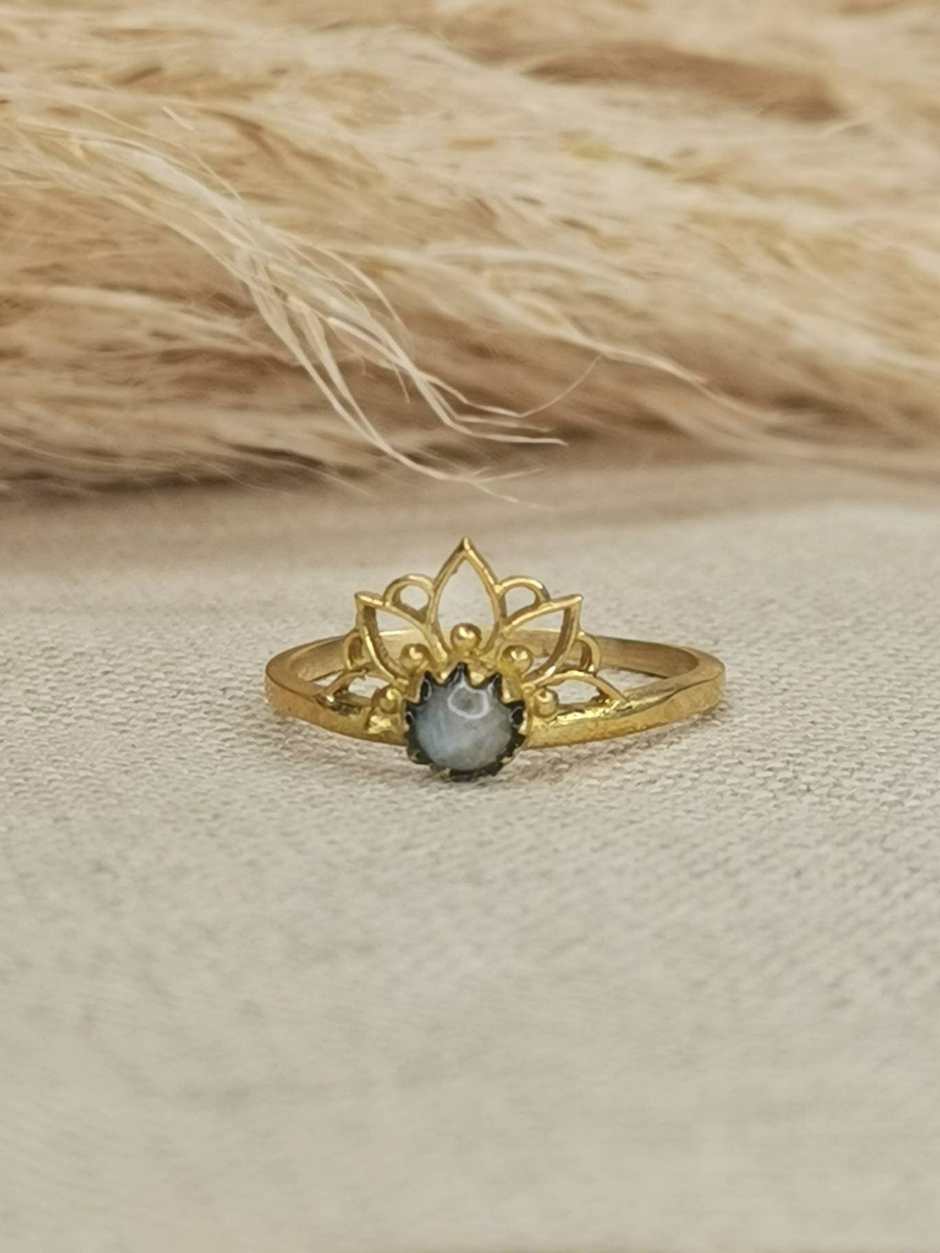 Tiara crown brass ring with moonstone, stacking ring, boho ring, hippie ring, festival jewelry, golden ring with moonstone