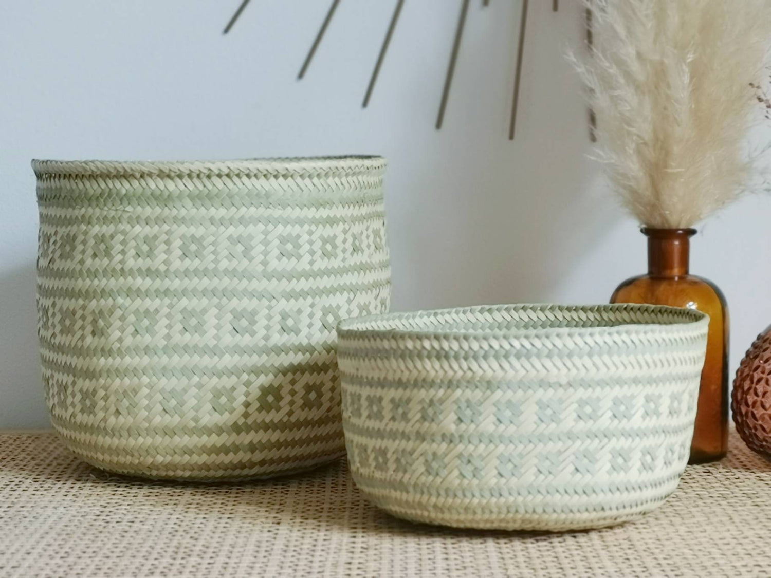 Set von 2 Mexikanischen Körbe, Kosmetikkorb, Aufbewahrungskorb, Boho Pflanzenkorb, Eklektischer Korb, Bohemian Interieur