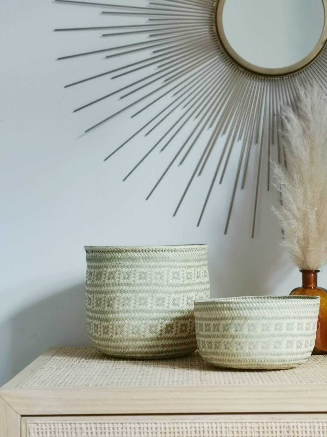 Set von 2 Mexikanischen Körbe, Kosmetikkorb, Aufbewahrungskorb, Boho Pflanzenkorb, Eklektischer Korb, Bohemian Interieur