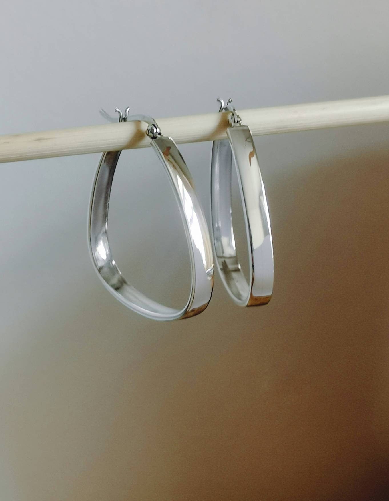 Chunky Silver 925 Hoop Earrings Geometric Earrings Triangle Minimalist Wide Flat Earrings Silver Earrings 35mm Gift