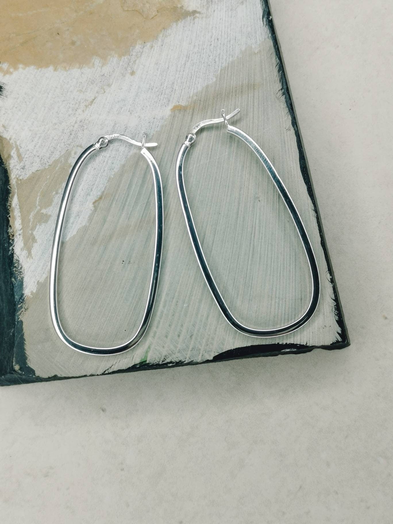 Big Silver 925 Hoop Earrings, Geometric Earrings, Oval Shape, Minimalist Earrings, Silver Earrings 55mm, Gift