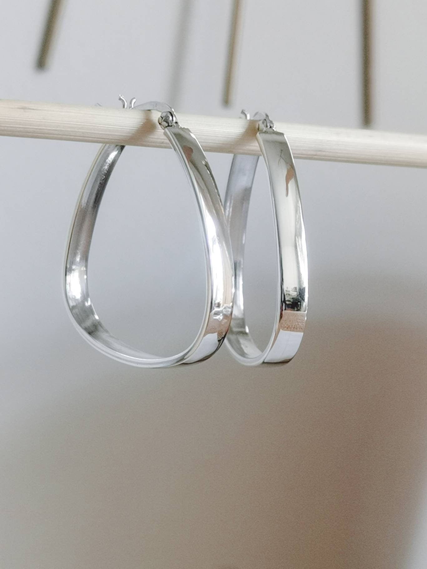 Boucles d'oreilles créoles épaisses en argent 925, géométriques, triangulaires, minimalistes, larges et plates, 35 mm, cadeau