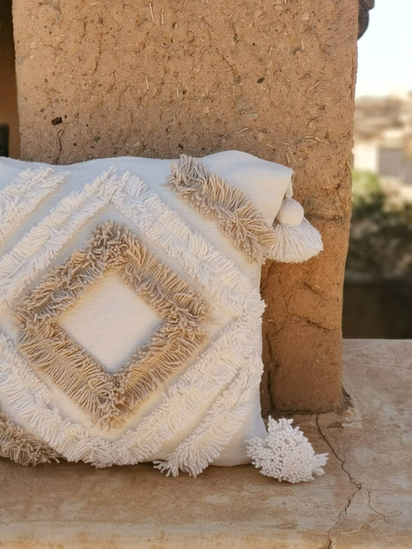 Cushion cover 50x50 cm, boho cushion made of cotton and wool, cushion with pom pom, tassels and fringes, hippie ethno cushion cover