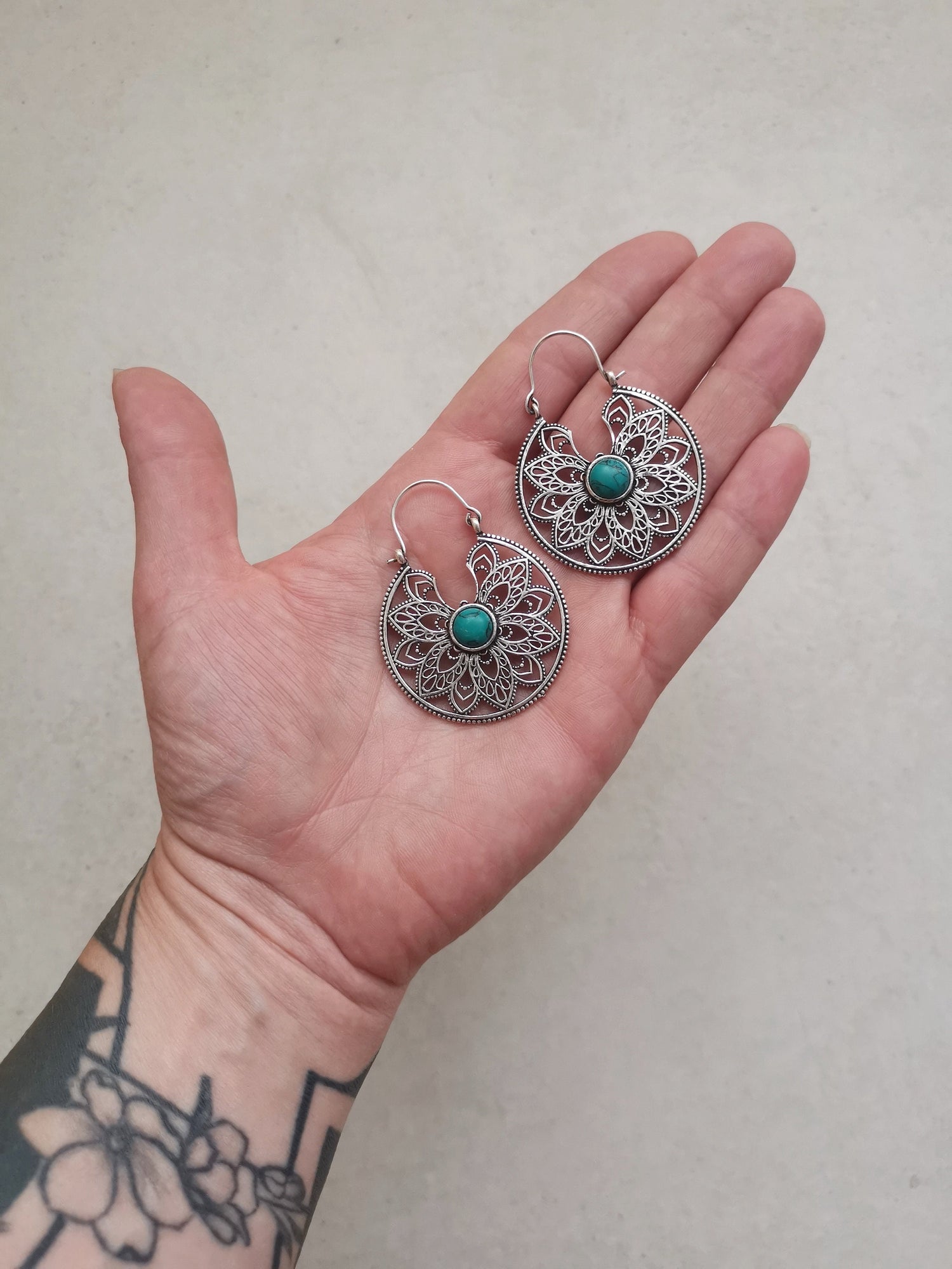 Brass earrings with turquoise stones, mandala Indian earrings, earrings made of silver brass