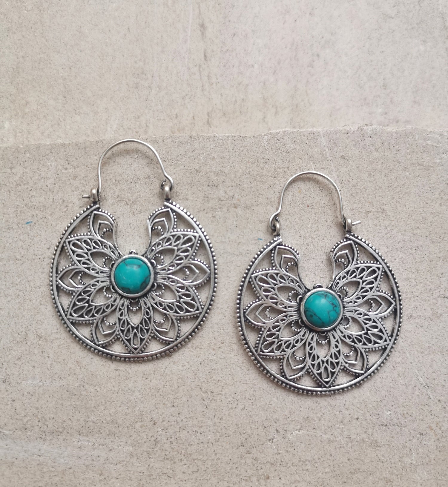 Brass earrings with turquoise stones, mandala Indian earrings, earrings made of silver brass