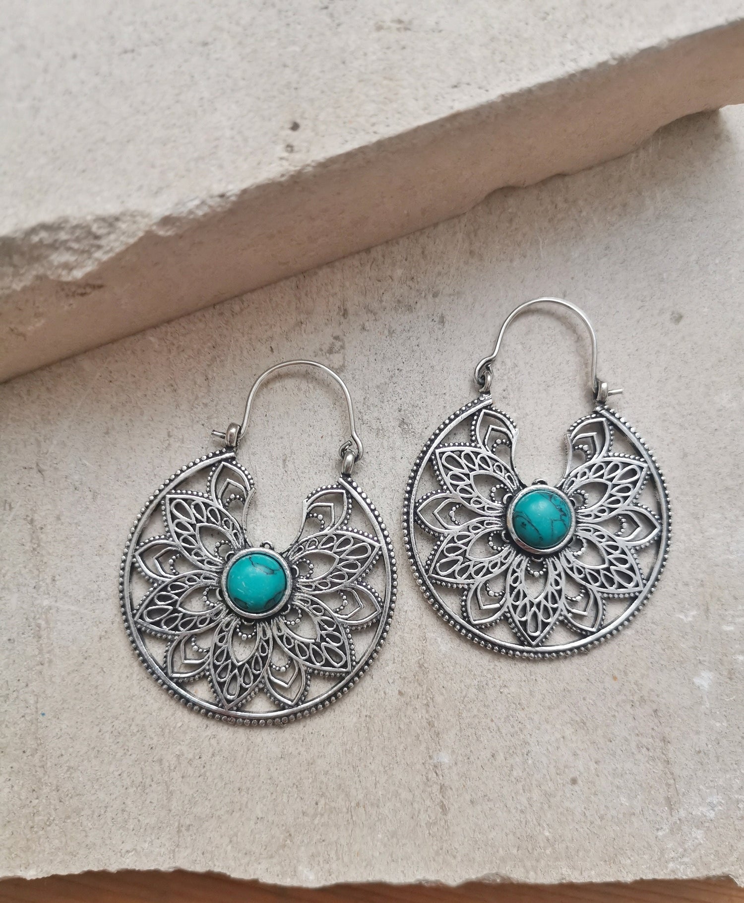 Brass earrings with turquoise stones, mandala Indian earrings, earrings made of silver brass