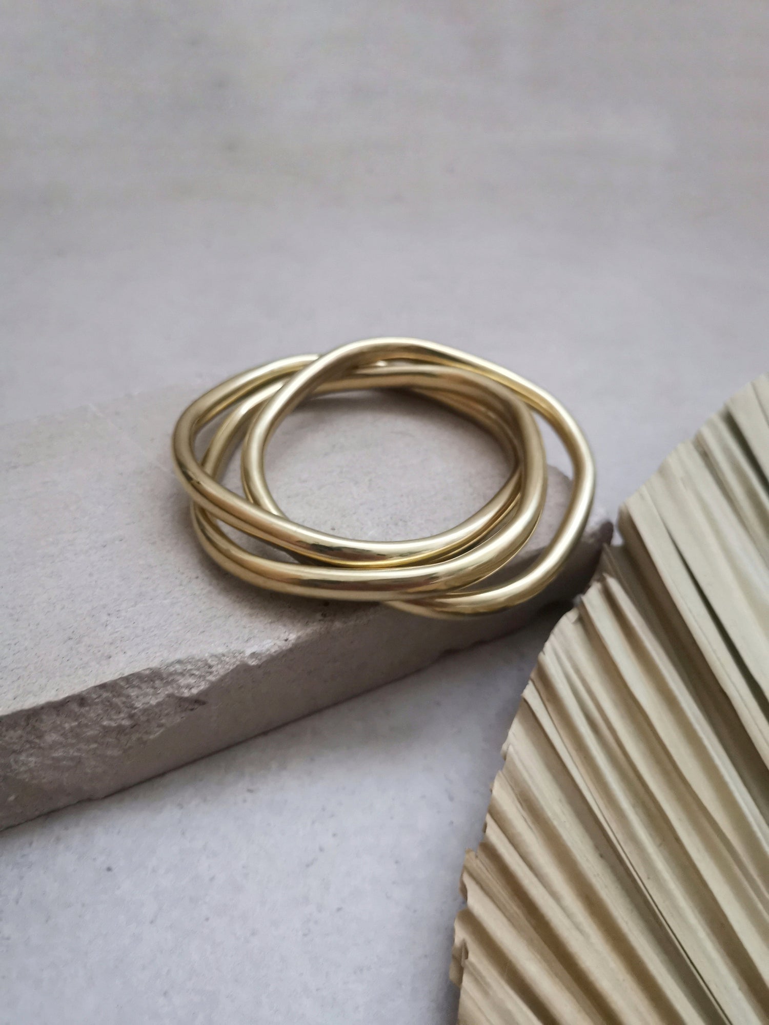 Chunky bracelet made of golden brass, statement bracelet, wide bangles, tribal golden bangle made of 3 geometric hoops, trio bracelet