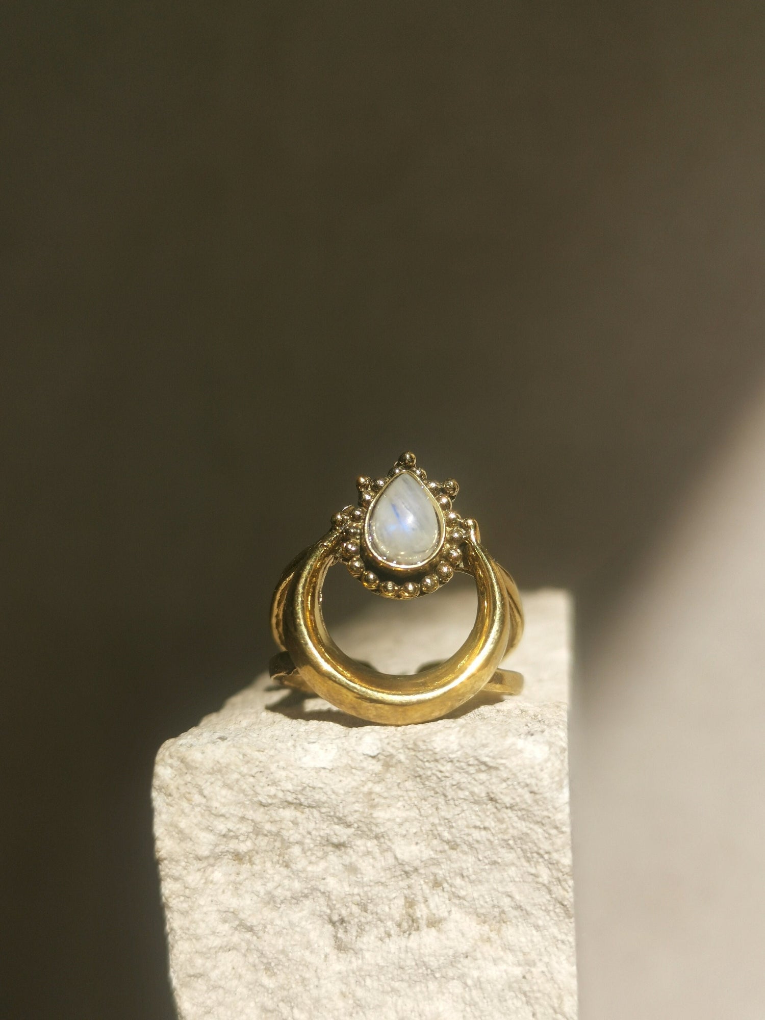 Brass ring with crescent moon and moonstone, adjustable moon ring, friendship ring, golden ring
