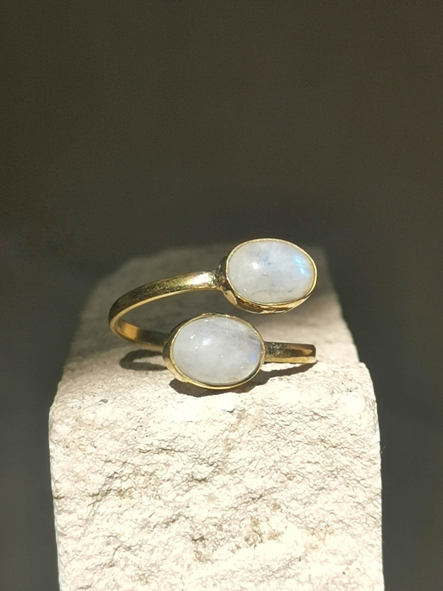 Open ring with moonstone, Adjustable ring made of brass, Friendship ring with moonstone, Simple and thin ring with 2 gemstones