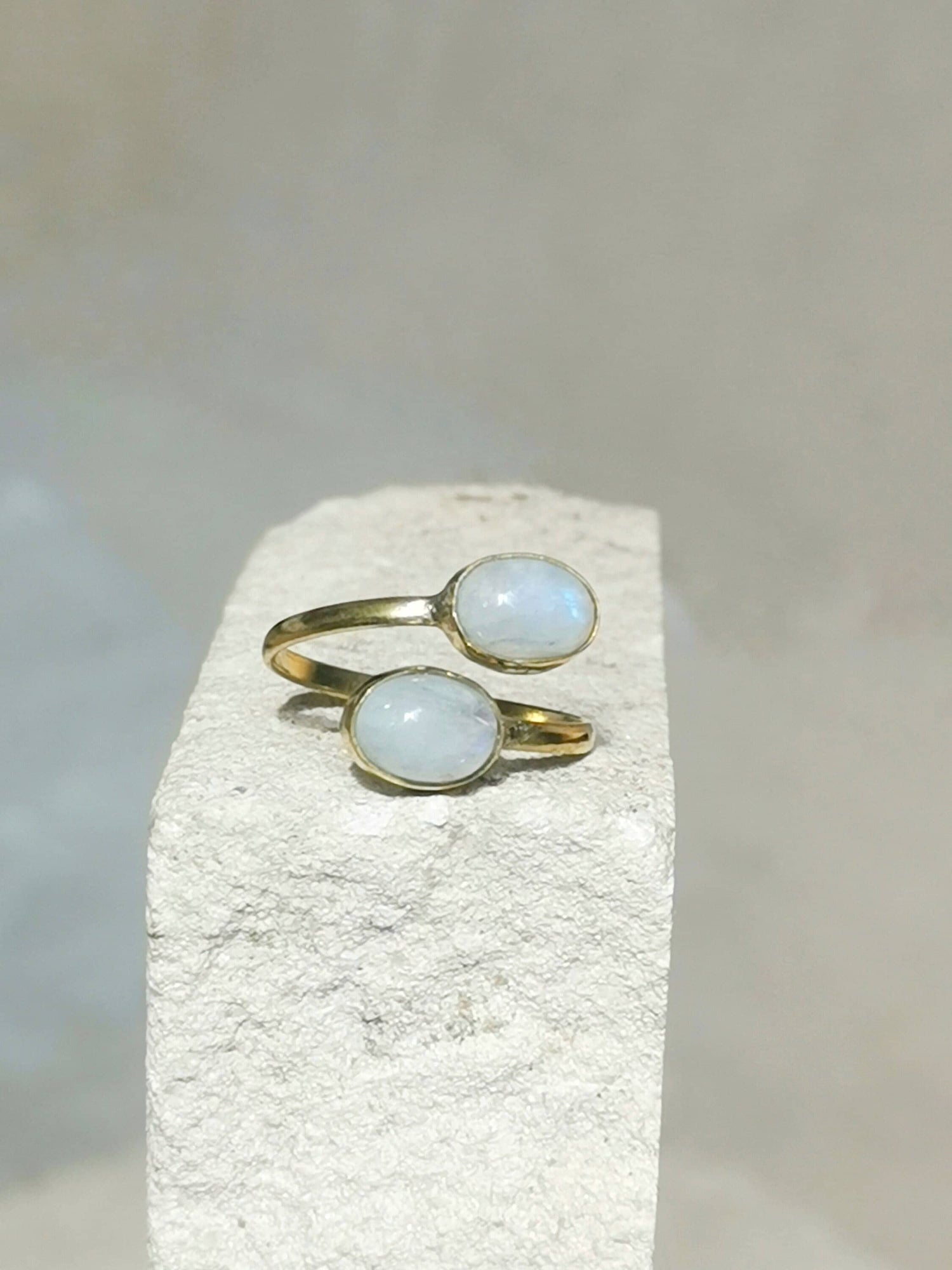 Open ring with moonstone, Adjustable ring made of brass, Friendship ring with moonstone, Simple and thin ring with 2 gemstones