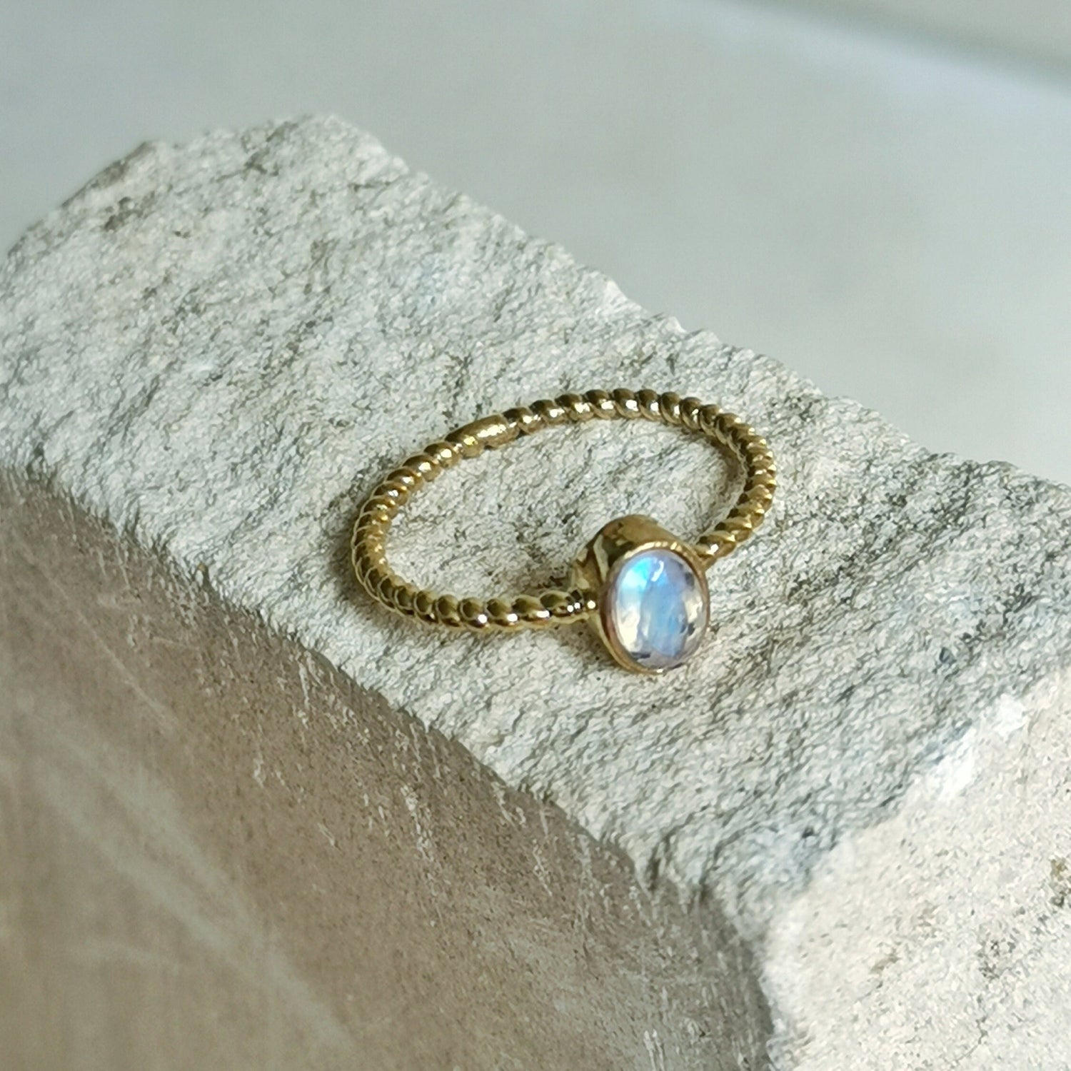 Thin ring with moonstone, simple ring, stacking ring, delicate oval moonstone ring, braided textured