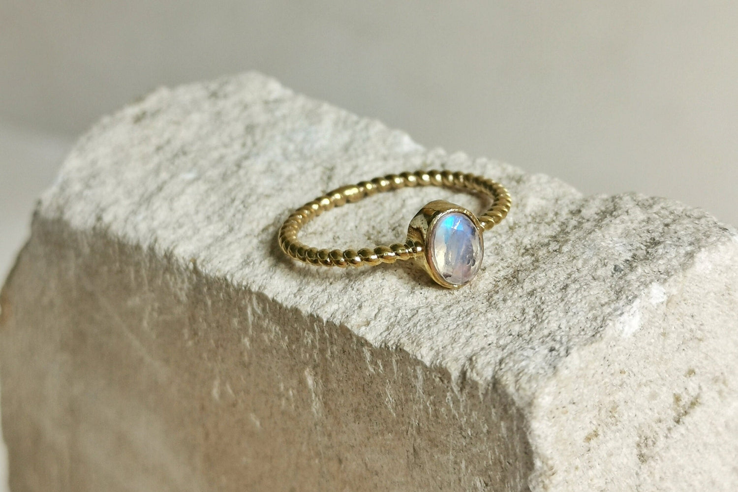 Thin ring with moonstone, simple ring, stacking ring, delicate oval moonstone ring, braided textured