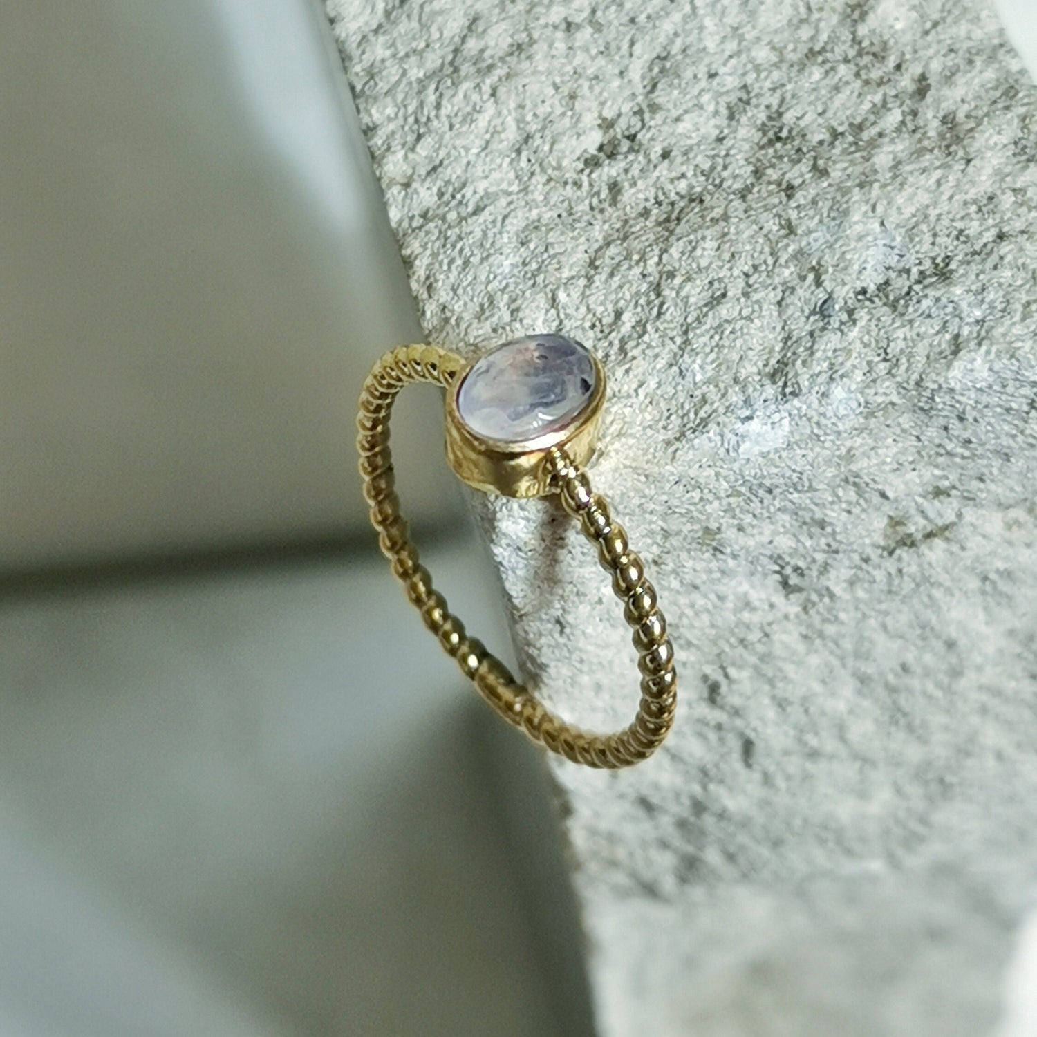 Thin ring with moonstone, simple ring, stacking ring, delicate oval moonstone ring, braided textured