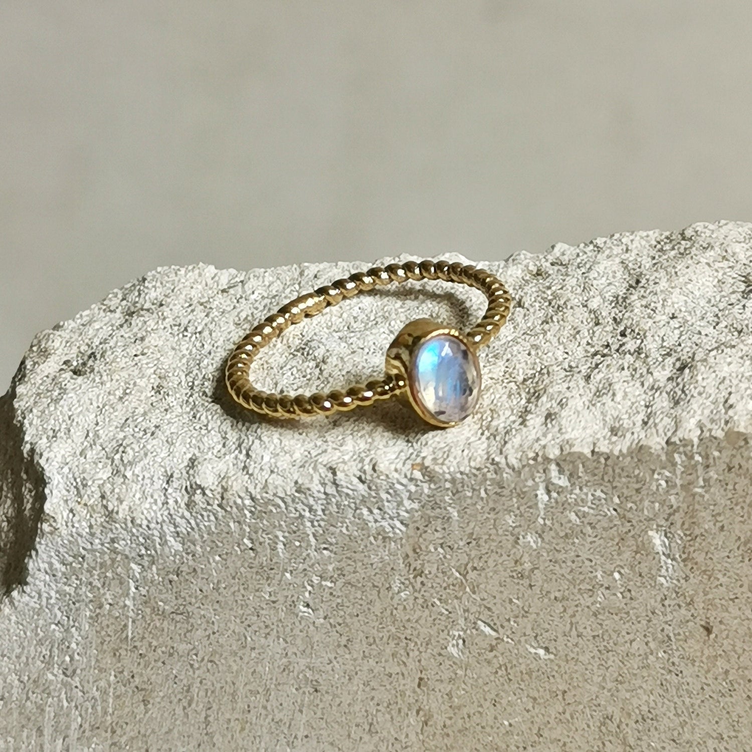 Thin ring with moonstone, simple ring, stacking ring, delicate oval moonstone ring, braided textured