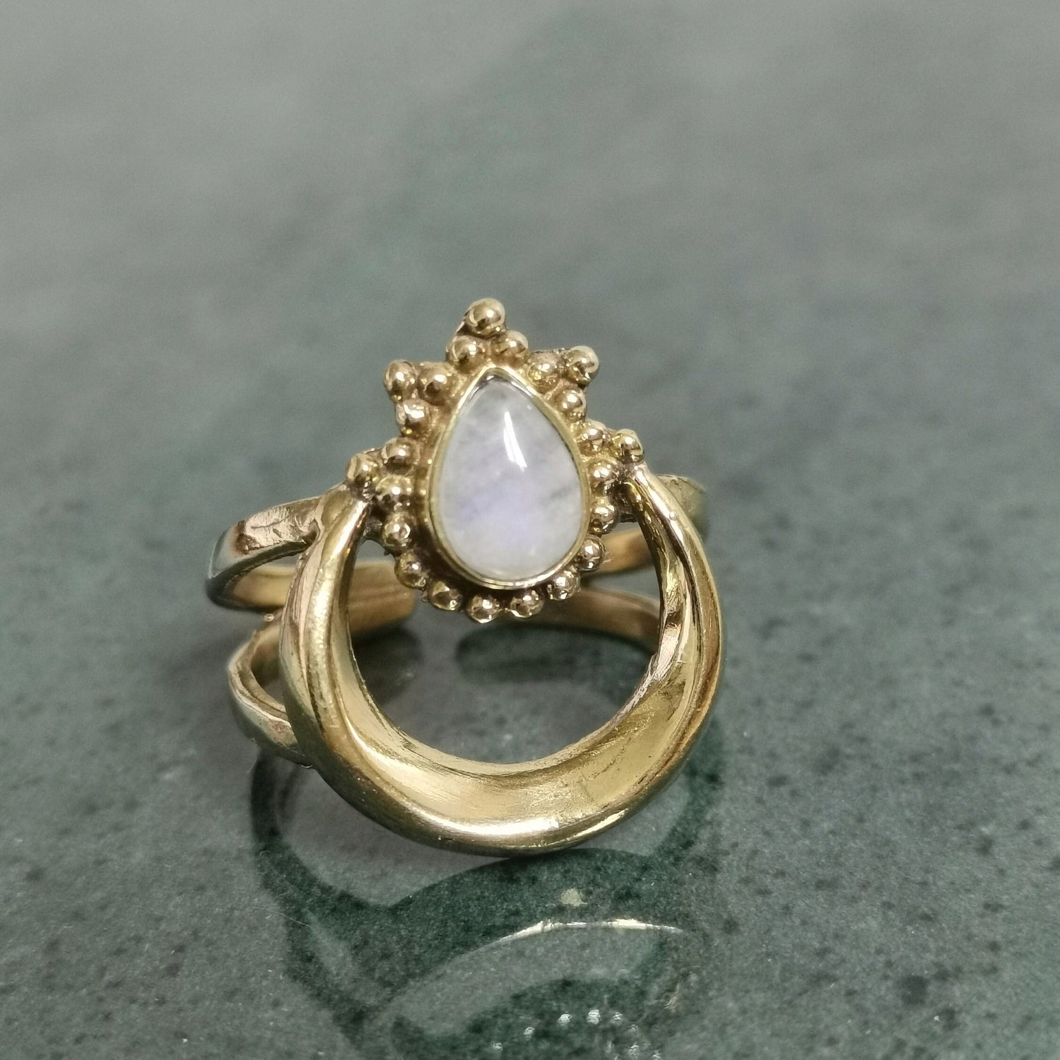 Brass ring with crescent moon and moonstone, adjustable moon ring, friendship ring, golden ring