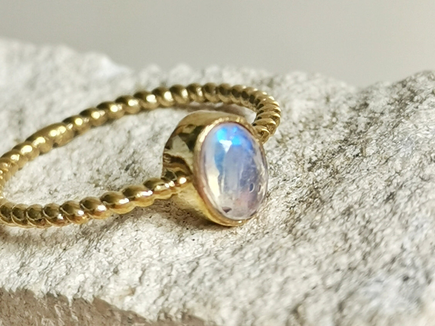 Thin ring with moonstone, simple ring, stacking ring, delicate oval moonstone ring, braided textured
