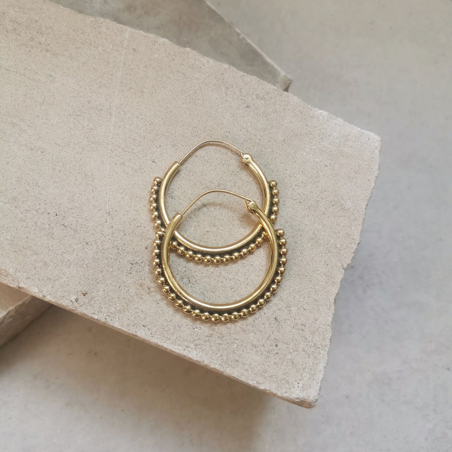 Ball hoop earrings, brass hoop earrings 40mm, boho hippie hoop earrings, Bali hoop earrings, gold hoops