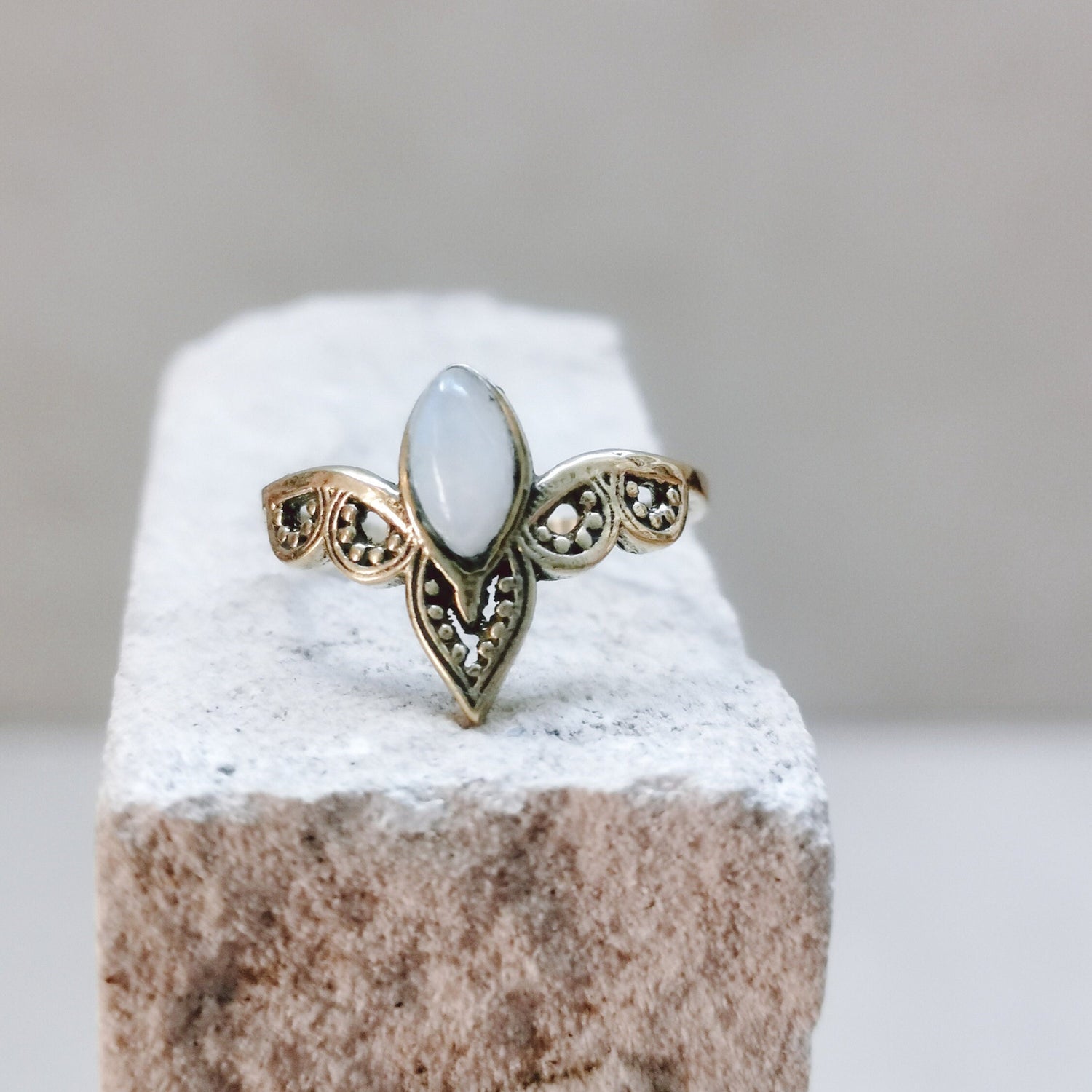 Ring with moonstone, tiara crown ring, stacking ring, boho ring, hippie ring, golden ring with moonstone