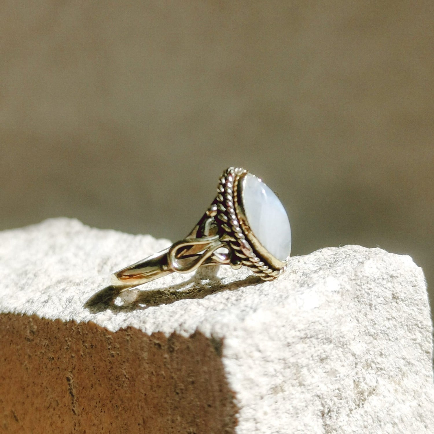 Cabochon ring with moonstone, stacking ring, boho ring, golden ring with moonstone