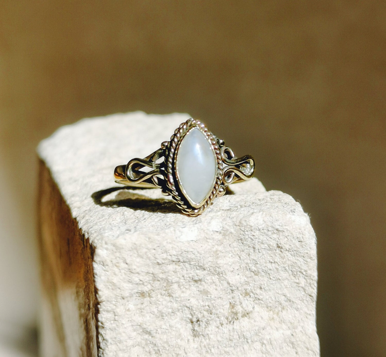 Cabochon ring with moonstone, stacking ring, boho ring, golden ring with moonstone