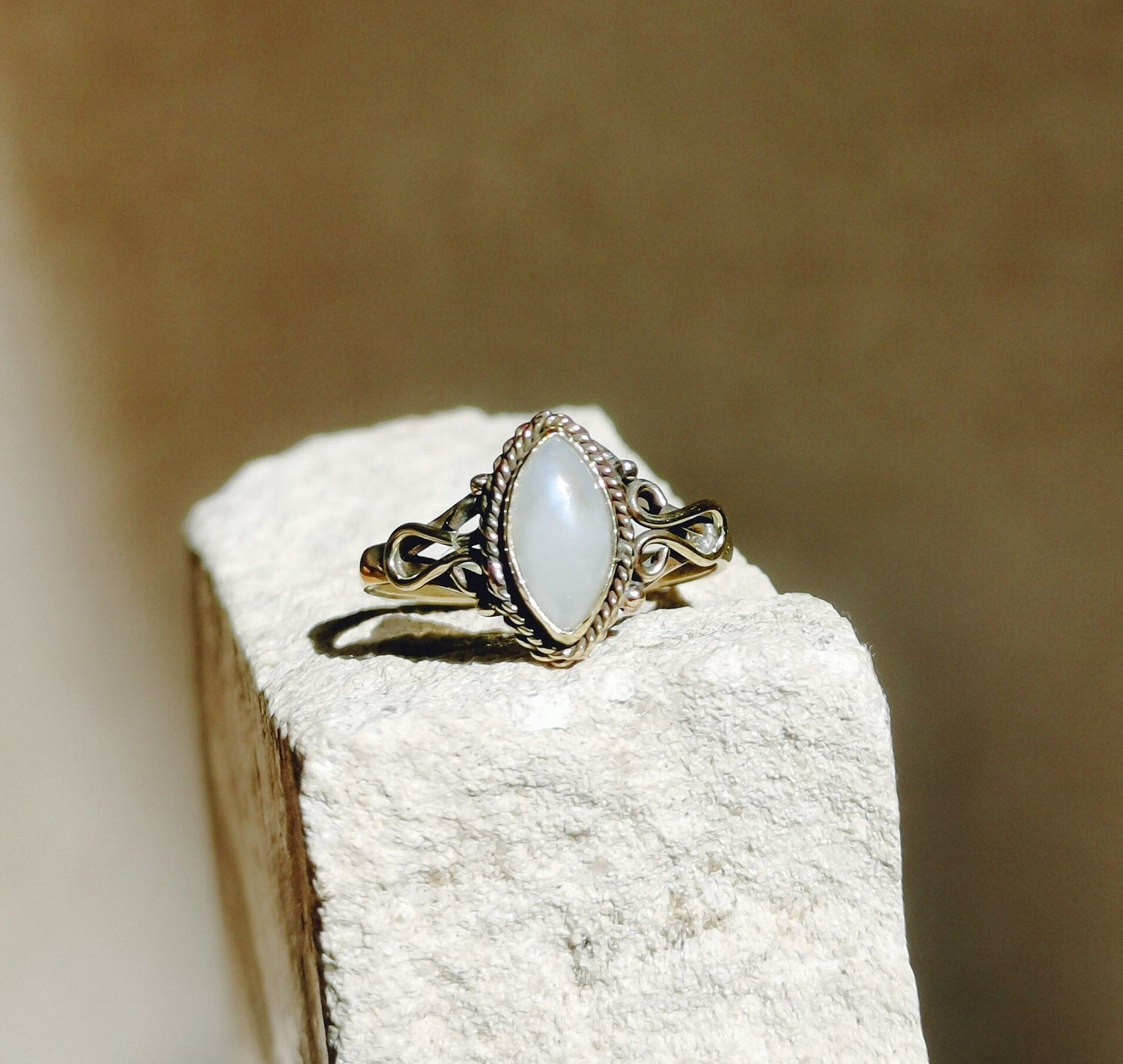 Cabochon ring with moonstone, stacking ring, boho ring, golden ring with moonstone
