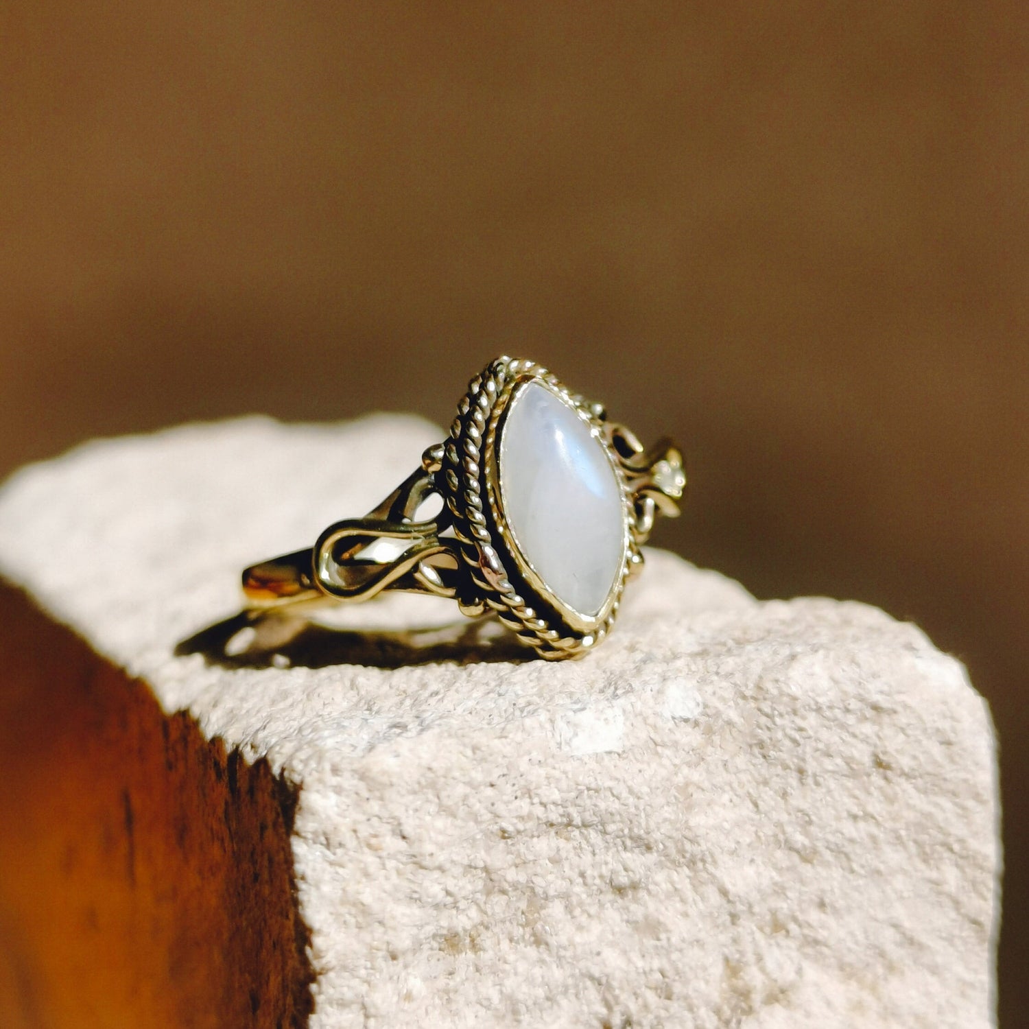 Cabochon ring with moonstone, stacking ring, boho ring, golden ring with moonstone