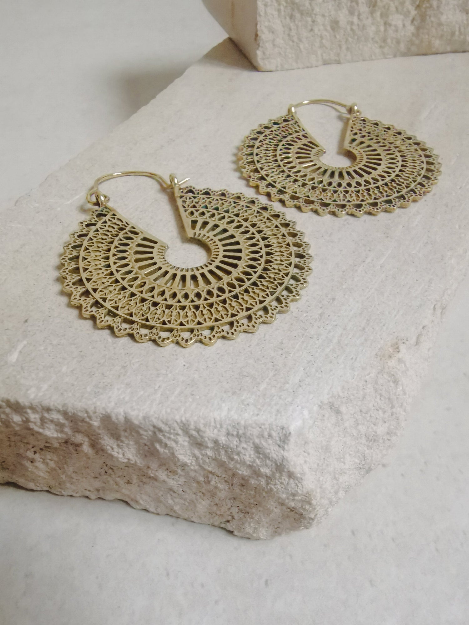 Brass mandala earrings, golden tribal earrings, gold statement earrings, boho earrings, hippie jewelry, ethnic earrings