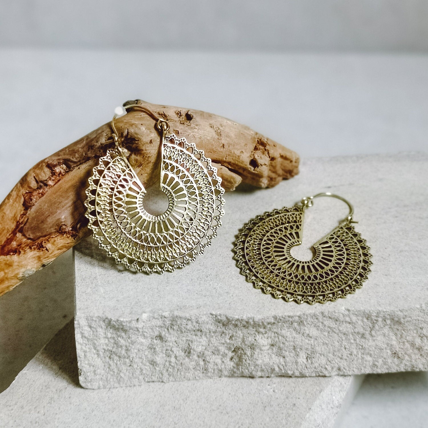 Brass mandala earrings, golden tribal earrings, gold statement earrings, boho earrings, hippie jewelry, ethnic earrings