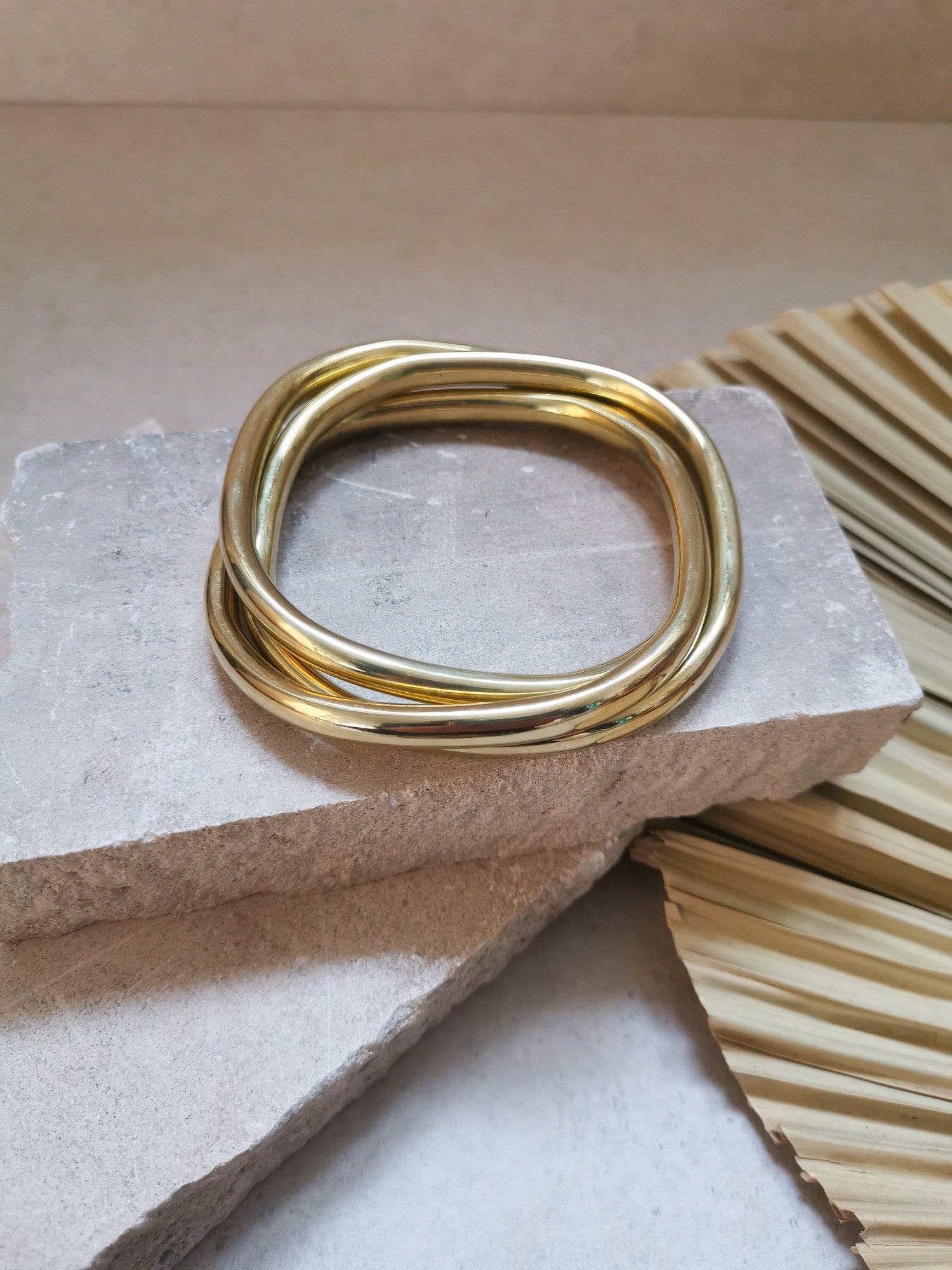 Chunky bracelet made of golden brass, square statement bracelet, wide bangles, tribal golden bangle made of 3 hoops, trio bracelet
