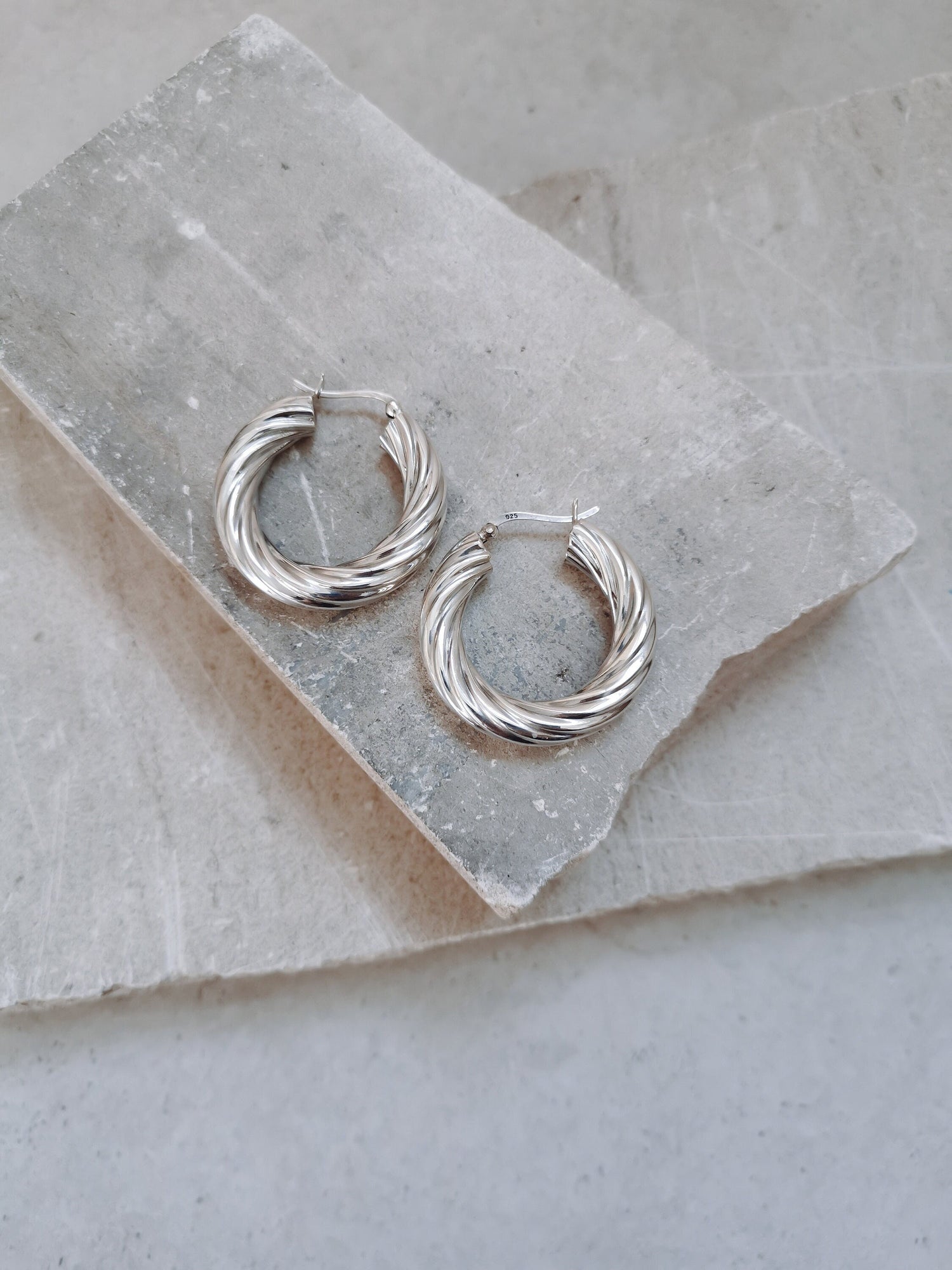 Twist Chunky Silver 925 Hoop Earrings, Statement Earrings made of Sterling Silver, Wide Solid Hoop Earrings 35 mm